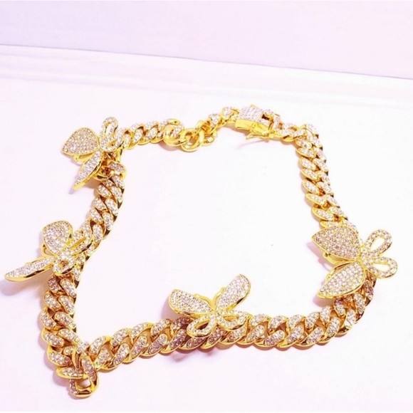 #U14 Butterfly Cuban Chain Link Multi CZ Rhinestone Iced Out Bling Necklace - Picture 2 of 5
